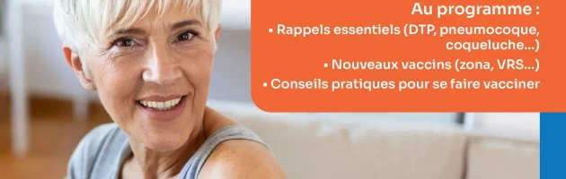 Une femme âgée souriante, aux cheveux blonds coupés courts, montre son bras bandé. Un texte en français présente les rappels de vaccination, les nouveaux vaccins et des conseils pratiques en matière de vaccination.